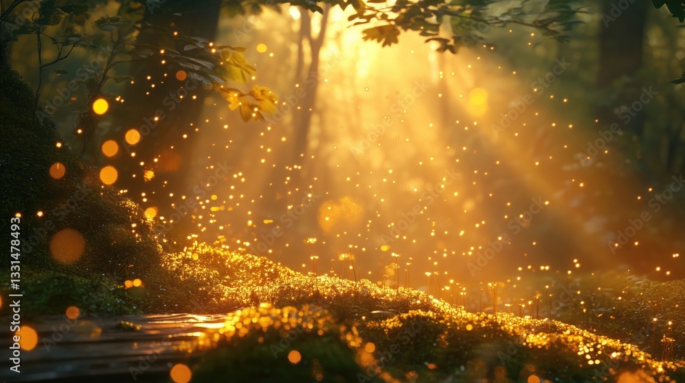 Poster enchanting forest scene illuminated by golden sunlight, creating a dreamy atmosphere filled with flo