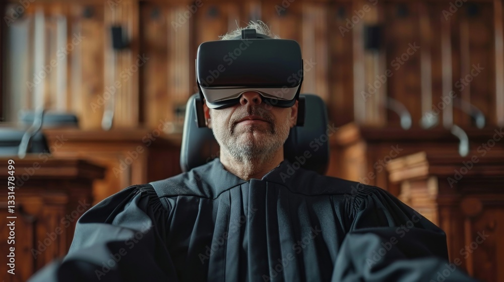 Poster judge participating in innovative virtual reality trial in augmented judiciary setting