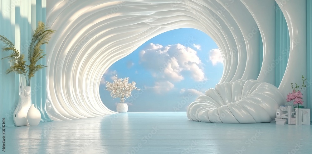 Poster an abstract and futuristic architectural design is showcased in a 3d render with a concrete floor