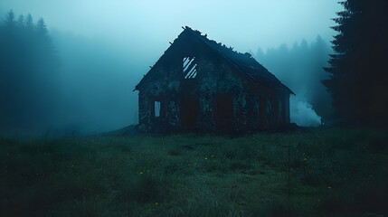 Abandoned cabin in misty forest at twilight