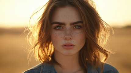 Close-up of a young woman with freckles and wavy hair, gazing thoughtfully against a golden sunset backdrop.