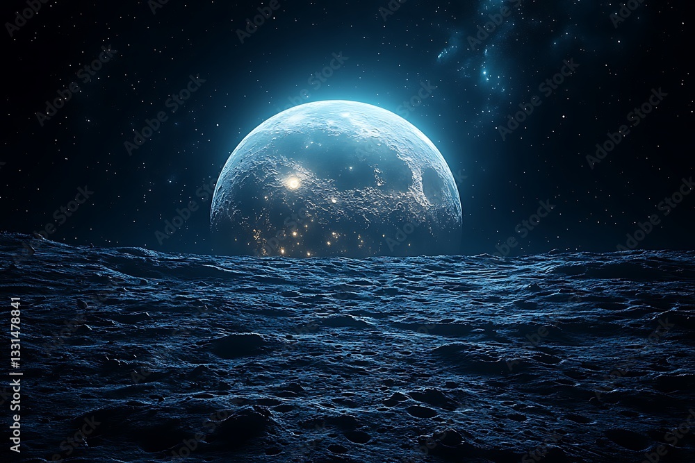 Poster a stunning view of earth and the moon floating in the vast darkness of space.