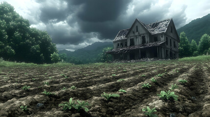 Abandoned farmhouse in a field under stormy sky