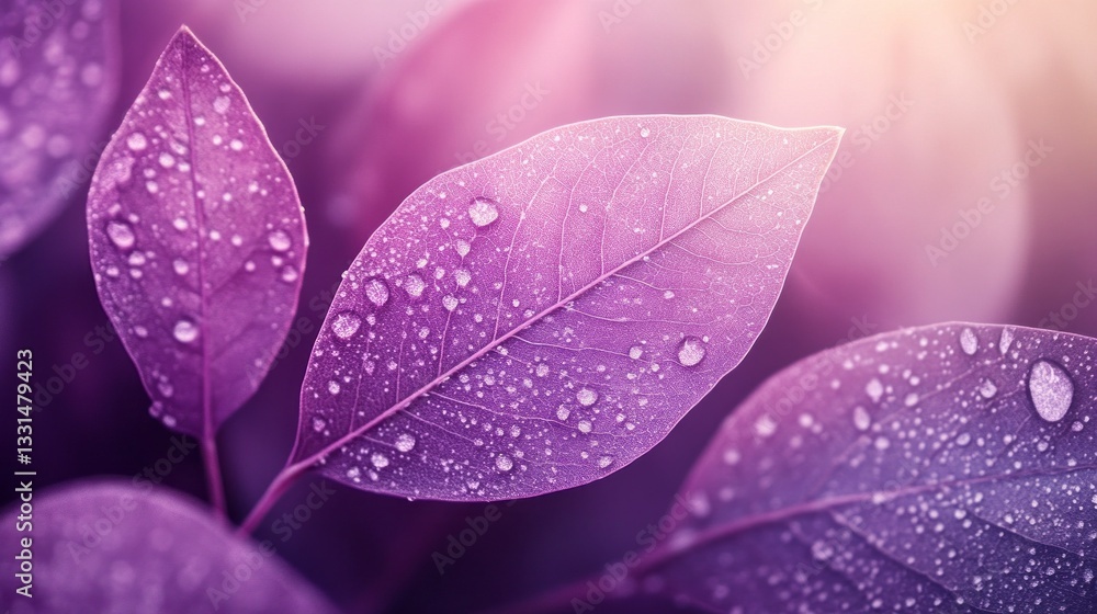 Poster capturing a striking macro perspective of leaves coated in shimmering water droplets, showcasing ric
