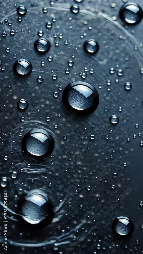 Poster water droplets create fascinating patterns on a dark surface, highlighting their intricate shapes an