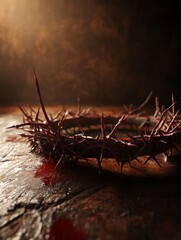 Fototapeta premium Crown of Thorns with Blood Resting on Wooden Surface with Light