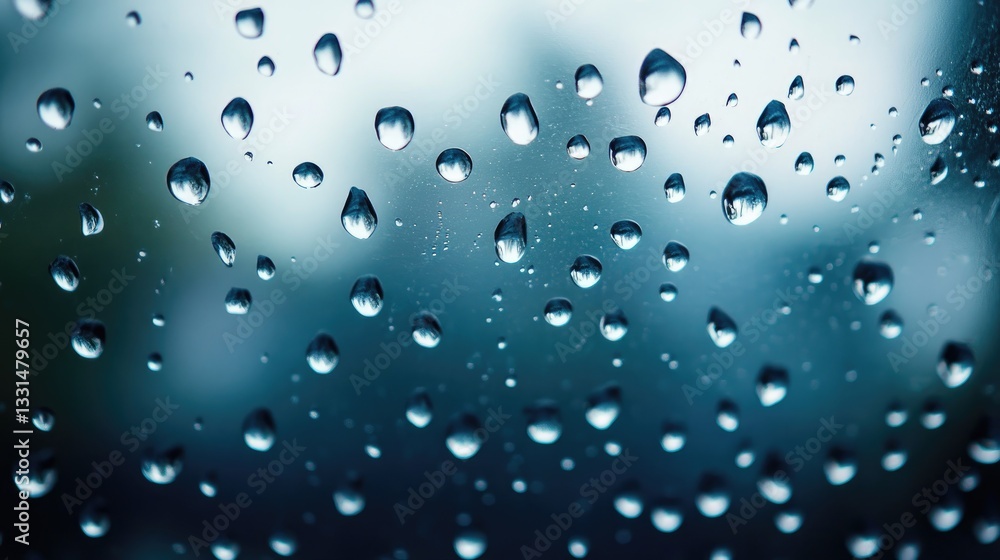Poster close-up view of raindrops on a windowpane with a blurred green background