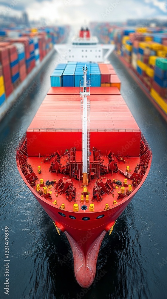 Poster a red container ship sailing in a narrow channel between rows of other cargo ships. the image is tak