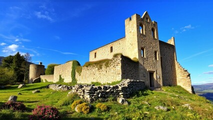 Fototapeta premium Eindrucksvolle Burgruine mit Steinturm auf einem grünen Hügel unter blauem Himmel. Ideal für historische und landschaftliche Darstellungen