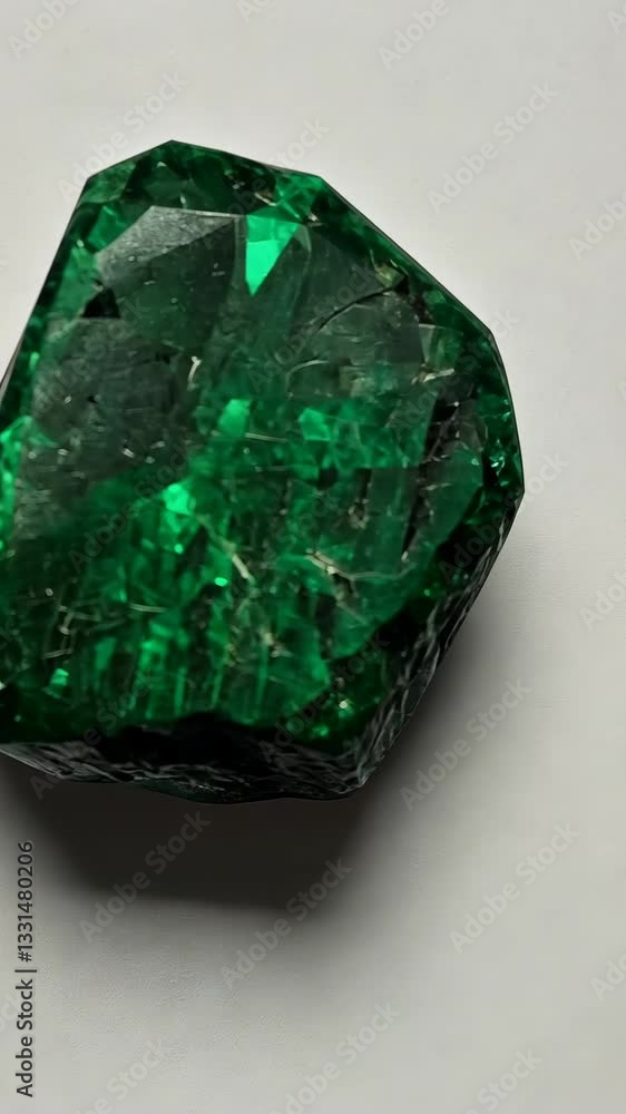 Poster beautiful green gemstone with intricate facets and vibrant color resting on a smooth surface