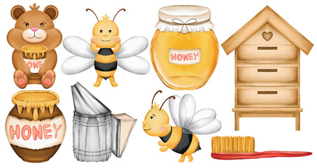 Watercolor Beekeeping and Honey Illustration Set, Hand Paint, Cute, Beehive, Honey Jar, Honey Bear, Honeycomb, Smoker, Wooden Beehive Box, Bees, Beekeeper Tools, Organic Honey, Natural Sweetener, Farm