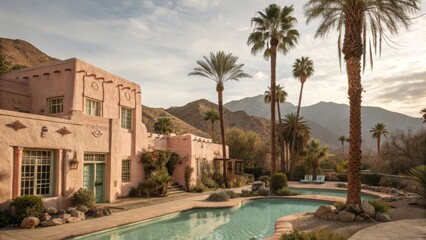 Fototapeta premium Desert Oasis with Swimming Pool and Pink Adobe House