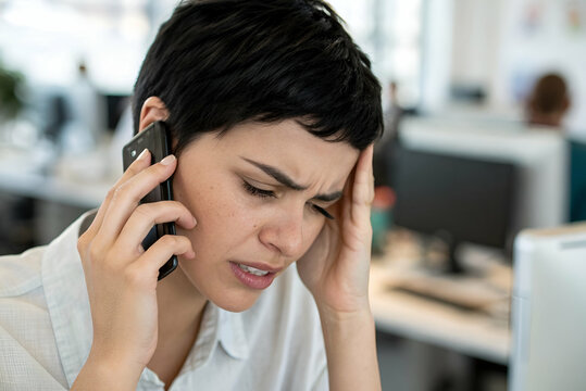Young Woman with Short Hairholding Phone with Frustrated Expression in Modern Office Environment, Struggling with Work-Related Stress and Communication Issues