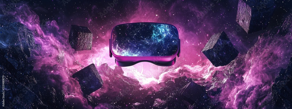 Poster a man wearing a vr headset floats through abstract shapes in a concept design for the ai metaverse, 