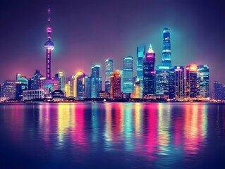 Fototapeta premium 31. **A stunning view of a futuristic city skyline at night with neon lights**