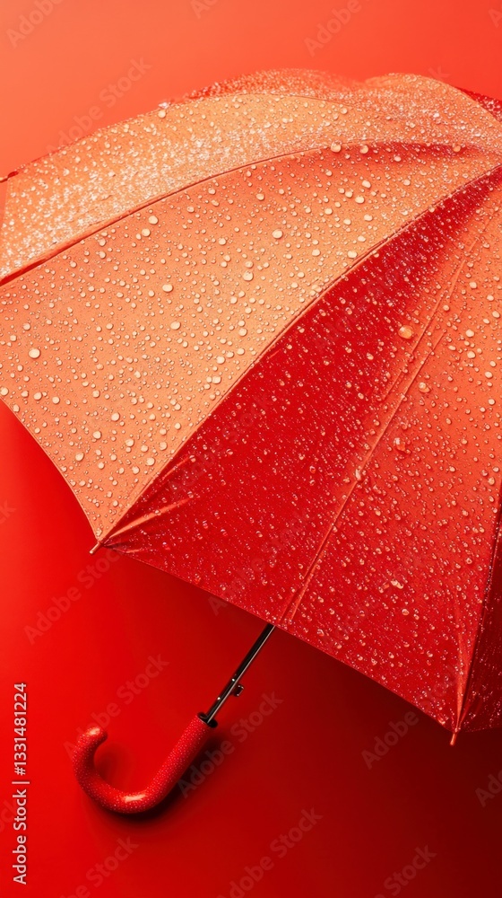 Poster red umbrella with water droplets on a red background. close up view showcasing the texture and color