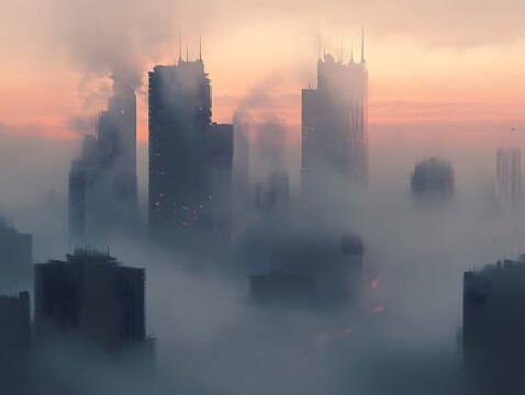 39. **A foggy morning view of a city with skyscrapers peeking through the mist**
