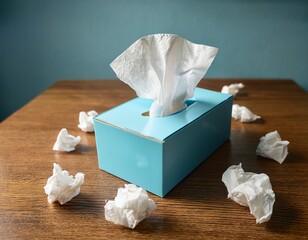 tissue box with used tissues crumpled tissues on wooden table cold flu concept seasonal sickness hygiene health care shown image suitable for health care products seasonal illness prevention