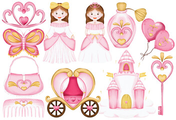 Watercolor Princess Fairytale Illustration Set, Hand Paint, Fantasy, Princess, Tiara, Gown, Perfume Bottle, Heart Balloon, Butterfly, Royal Carriage, Castle, Key, Handbag, Hair Comb, Cute, Magical