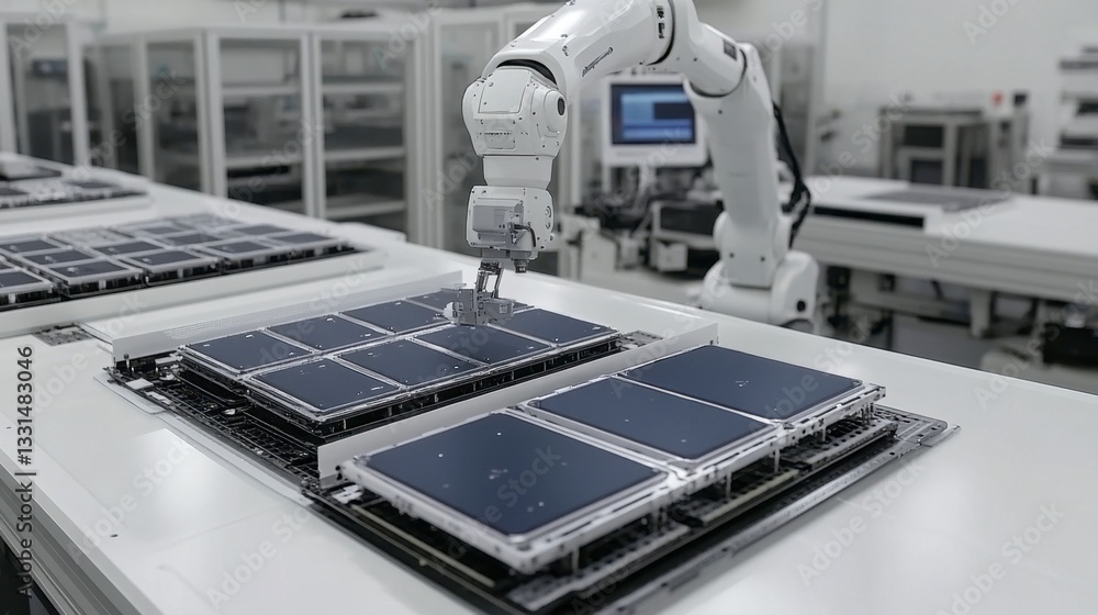 Poster a robotic arm precisely handles dark rectangular components on a bright white surface within a clean