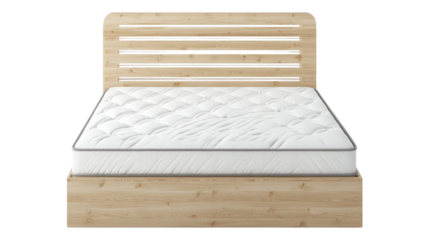 Simple wooden bed frame with a comfortable mattress in a modern, minimalistic bedroom setting