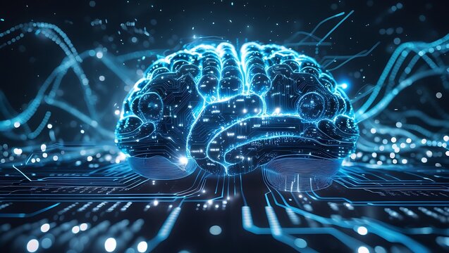 A glowing AI brain with neural networks, circuits, and binary code in a futuristic digital landscape, symbolizing artificial intelligence and machine learning. - Powered by Adobe
