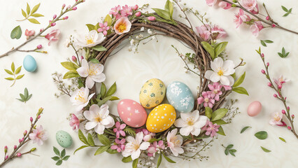 Easter wreath decorated with flowers and eggs. Beautiful greeting card for Easter celebration