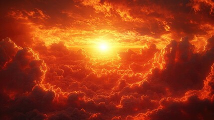 Dramatic sunset sky filled with billowing clouds illuminated in vibrant shades of orange,