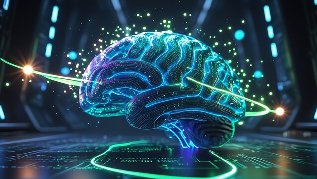 A glowing AI brain with neural networks, circuits, and binary code in a futuristic digital landscape, symbolizing artificial intelligence and machine learning.