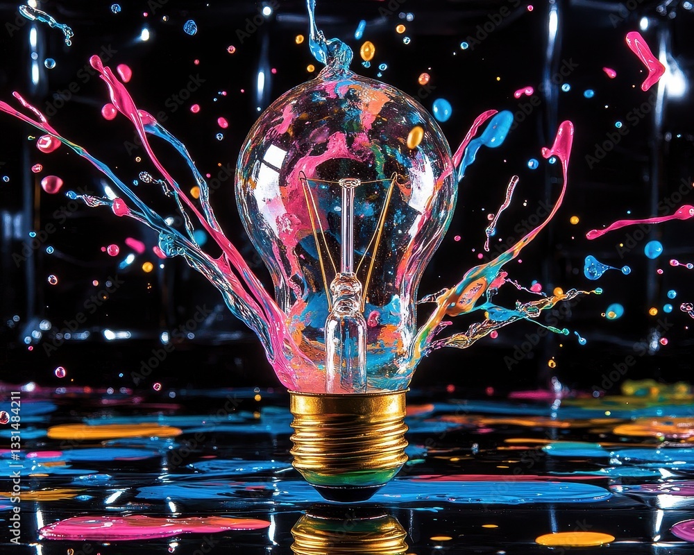 Poster a vibrant burst of multicolored water splashes dramatically from a glowing light bulb, creating a st