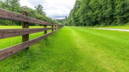 Rustic wooden fence lines a verdant grassy path, leading towards a lush green forest under a partly cloudy sky. The scene evokes a feeling of tranquility and natural beauty.