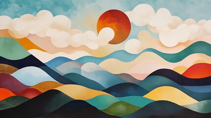 Fototapeta premium Sunset over colorful mountains, peaceful scene