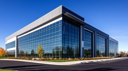 Obraz premium A stunning architectural marvel stands tall, reflecting sunlight with its sleek glass facade. Surrounded by lush greenery, the modern structure emphasizes innovation in a professional landscape