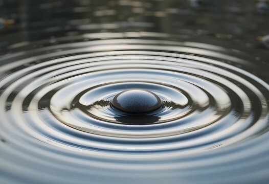 A smooth pebble dropped into still water, creating perfect concentric ripples. The surface tension and reflections enhance the tranquil, minimalistic effect.