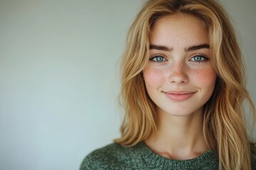 Naklejka premium Young woman with blonde hair and freckles is smiling softly