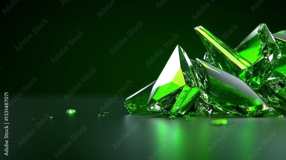 Poster close up view of shattered green glass fragments on a dark surface, reflecting light. the shards are