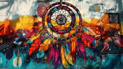 Fototapeta premium Stylized Street Art of a Dreamcatcher with Vivid Colors