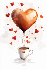 Heart-shaped balloon rising from coffee cup surrounded by small hearts