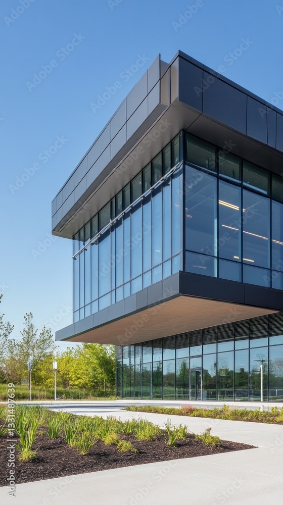 Poster a sleek large modern office building showcases its innovative architecture against the backdrop of a