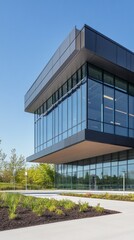 Fototapeta premium A sleek large modern office building showcases its innovative architecture against the backdrop of a cloudless blue sky. Lush greenery surrounds the structure, enhancing its contemporary aesthetic