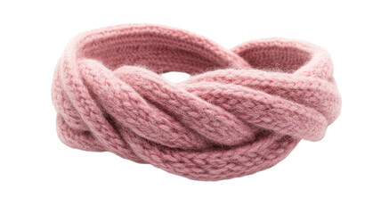 Knitted pink headband with a twisted design, perfect accessory for winter fashion or cozy looks