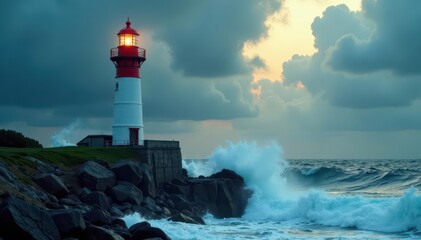 Obraz premium Lighthouse stands strong against raging waves, dramatic sky , gale, nature
