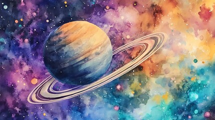 Naklejka premium Watercolor Illustration of a Planet with Rings