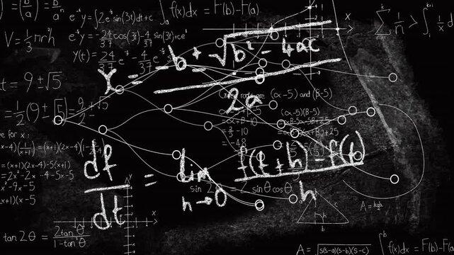 In school, teacher drawing complex mathematical equations and diagrams on blackboard