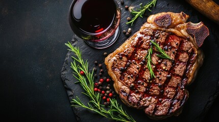 A juicy steak served on a plate with a glass of wine, perfect for a romantic dinner or special occasion