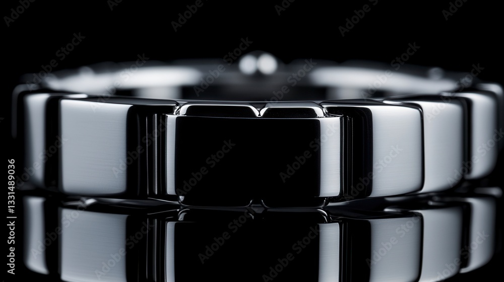 Poster close up of a sleek, black and silver modern ring with rectangular design elements, reflecting on a 