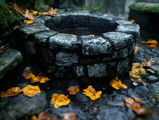 Obraz premium Aged stone well in a rainy forest. Fallen leaves