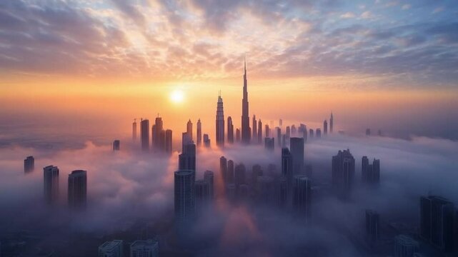 Panoramic view of  skyline at sunrise with fog and clouds, copy space