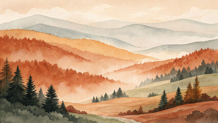 Layered watercolor strokes bring to life a picturesque valley with distant mountain ridges and a flowing stream, radiating a sense of peace and nostalgia\