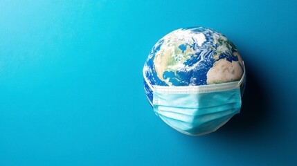 A small globe wearing a light blue surgical mask rests on a light blue background. The image conveys a sense of global health concern.